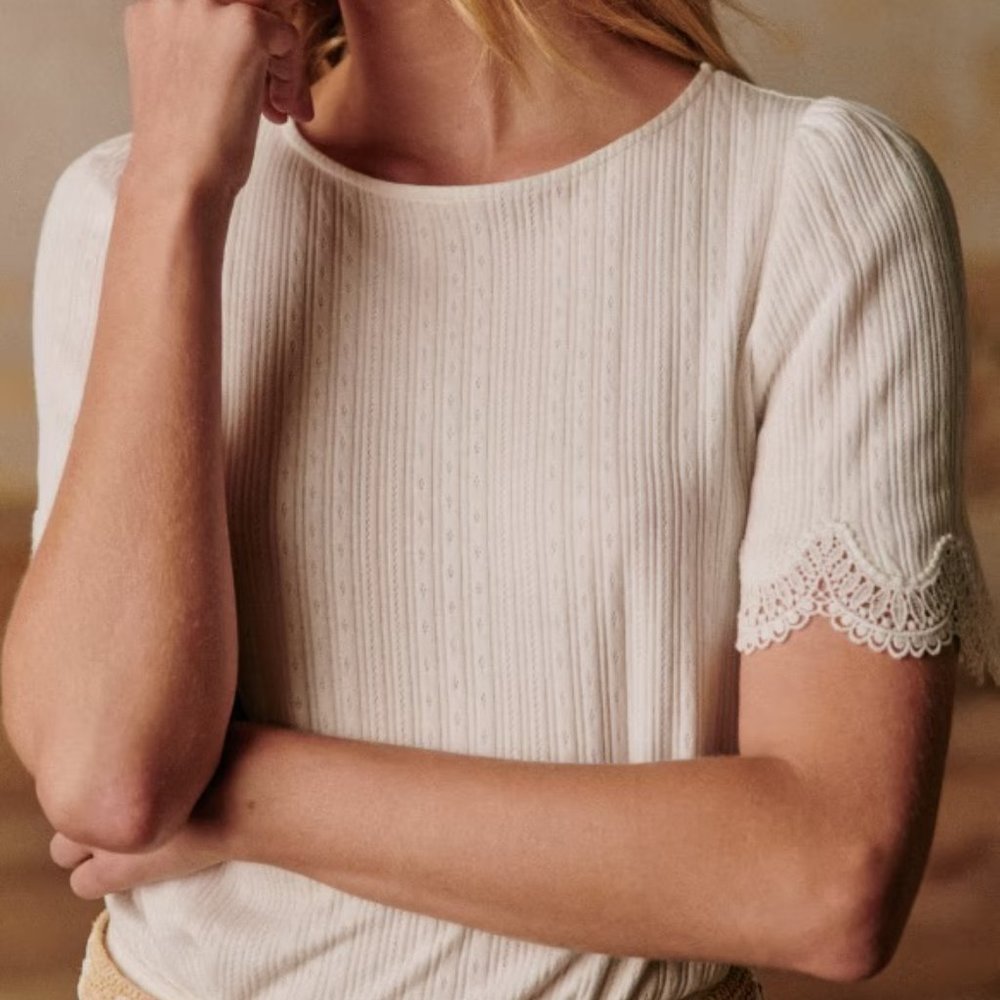 SEZANE Clea Tee Shirt Cotton Eyelet Lace sleeve size XL